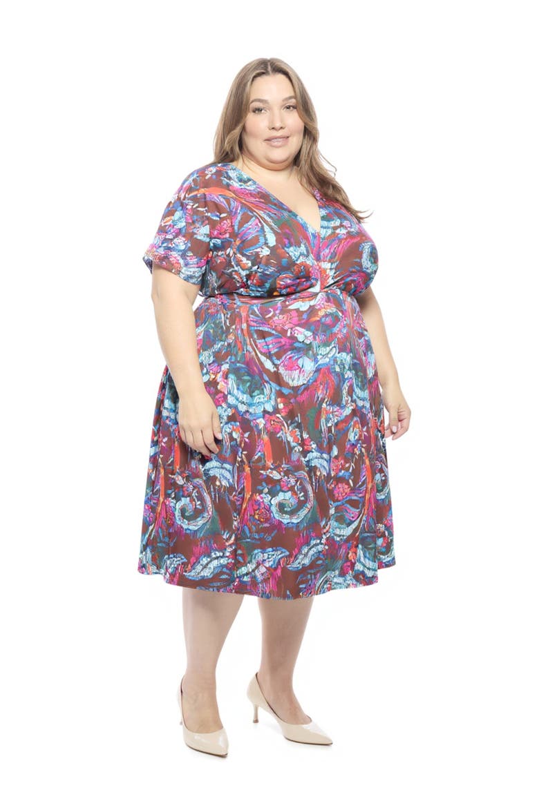 Plus Size Abstract V-Neck Dolman Sleeve Twist Front A-Line Midi Dress, Alternate, color, Brown Multi