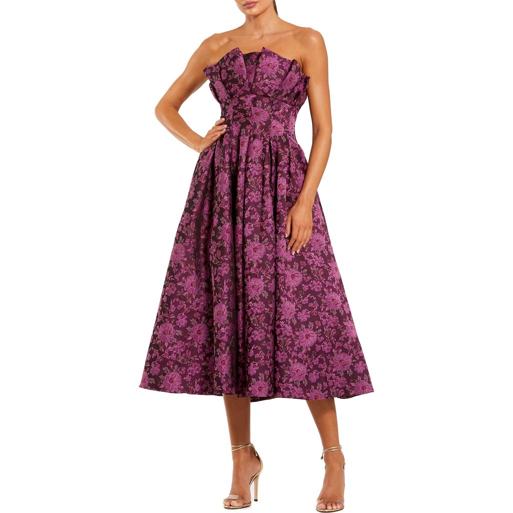 Mac Duggal Strapless Floral Brocade A-line Midi Dress In Pink