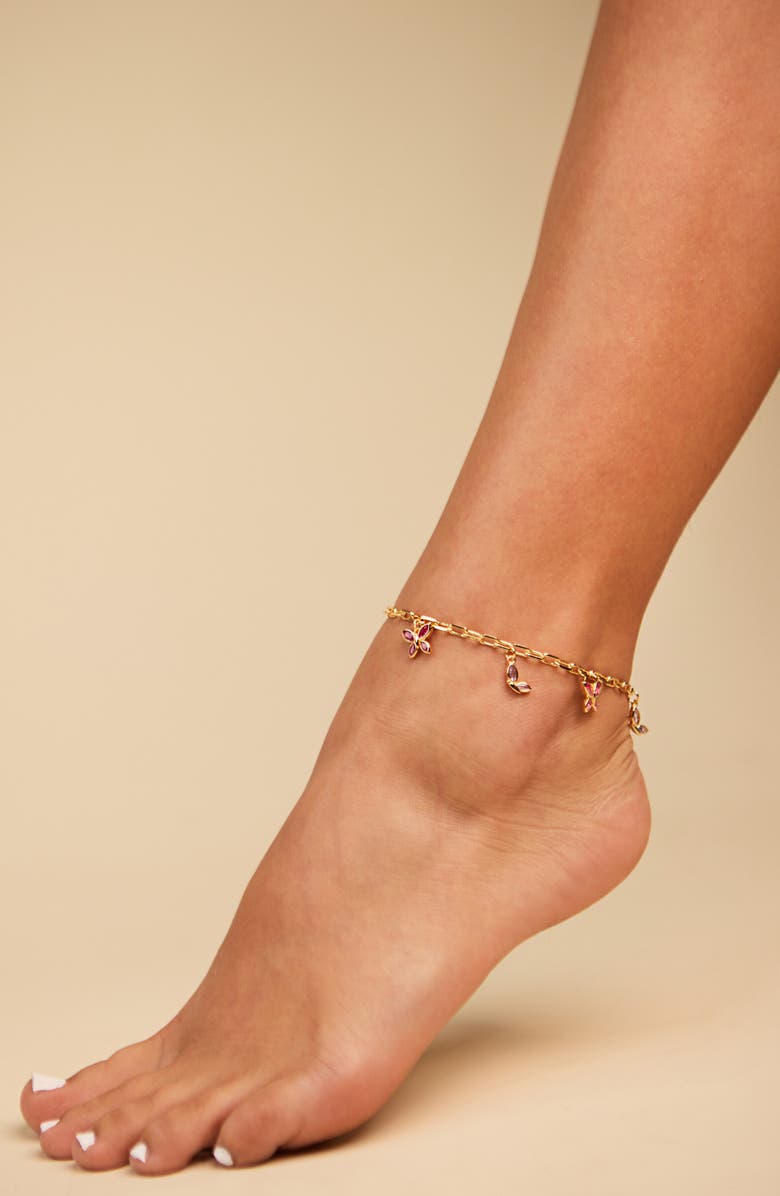 Sterling Forever Caria Cubic Zirconia Butterfly Anklet, Alternate, color, Gold