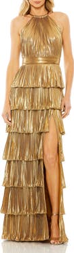 Mac Duggal High Neck Heat Pleated Tiered Ruffle Metallic Gown