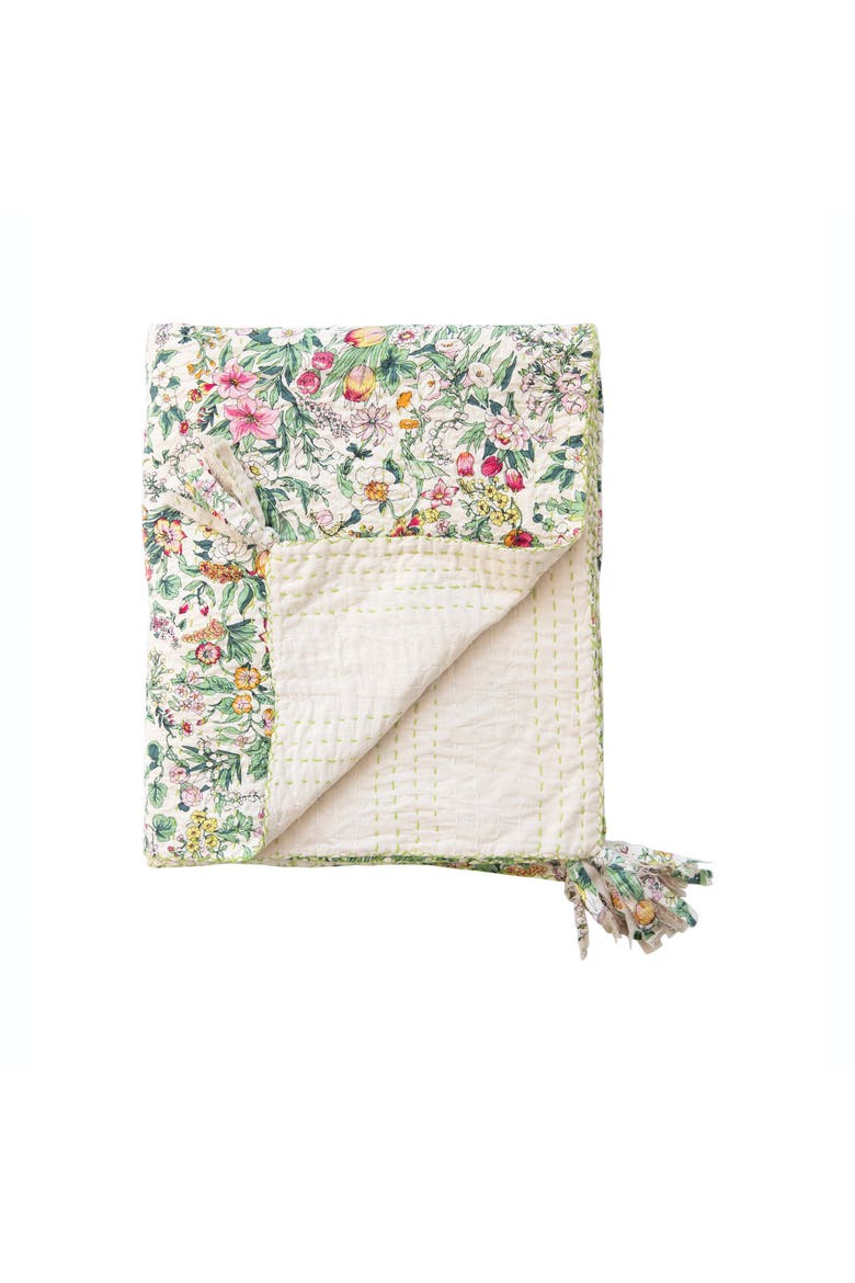 Soft Quilted Cotton Throw with Floral Pattern, Kantha Stitch and Tassels, Multicolor, Alternate, color, Beige