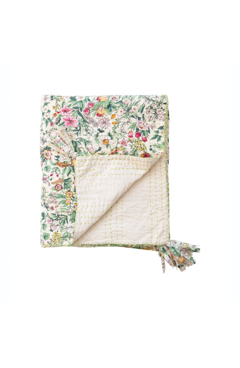 Storied Home Soft Quilted Cotton Throw with Floral Pattern, Kantha Stitch and Tassels, Multicolor, Alternate, color, Beige