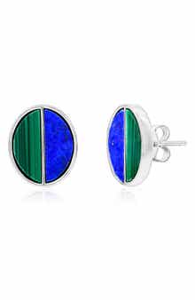 SIMONA Sterling Silver Malachite & Lapis Lazuli Oval Stud Earrings