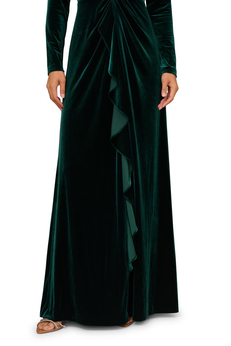 Twisted Ruffle Long Sleeve Stretch Velvet Gown, Alternate, color, SPRUCE