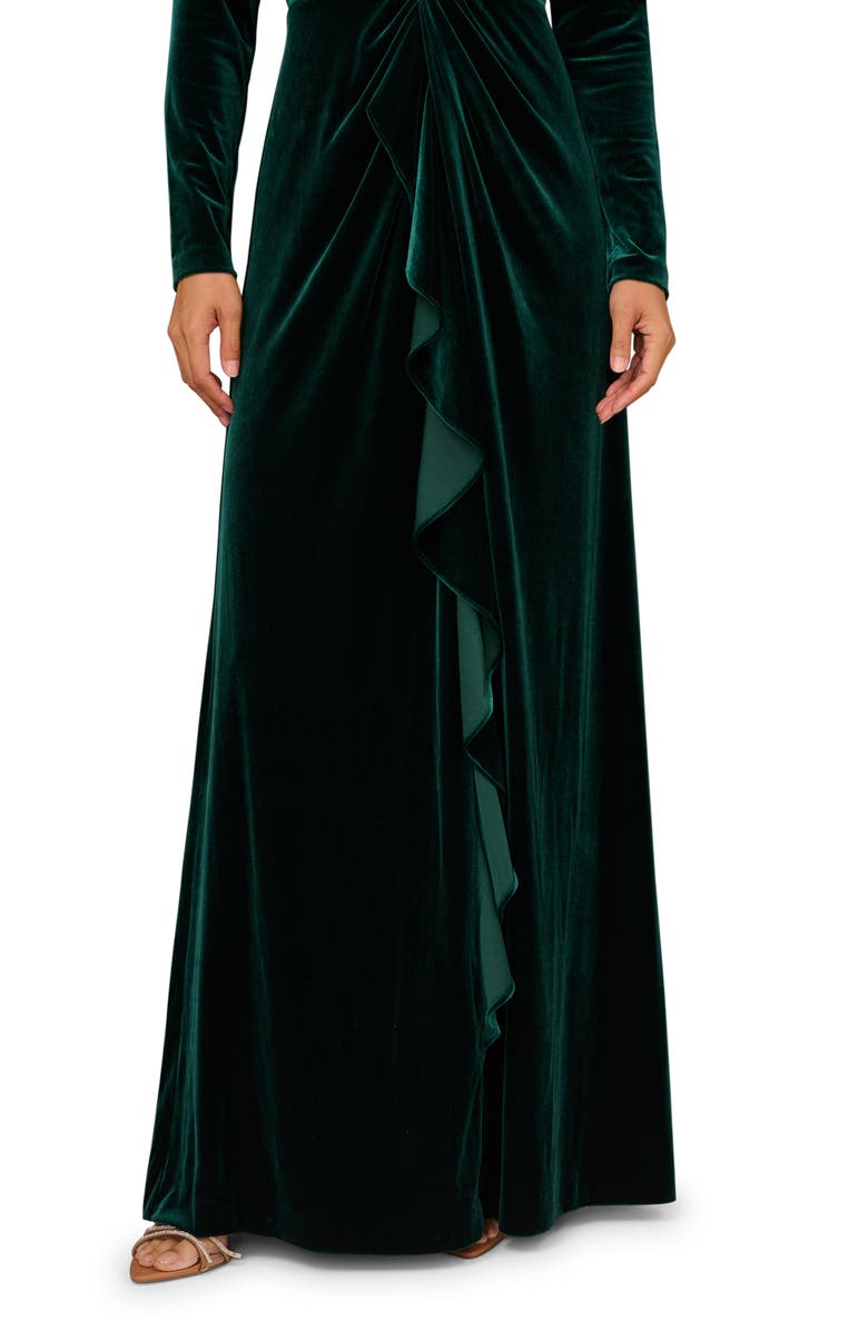 Aidan Mattox by Adrianna Papell Twisted Ruffle Long Sleeve Stretch Velvet Gown, Alternate, color, Spruce