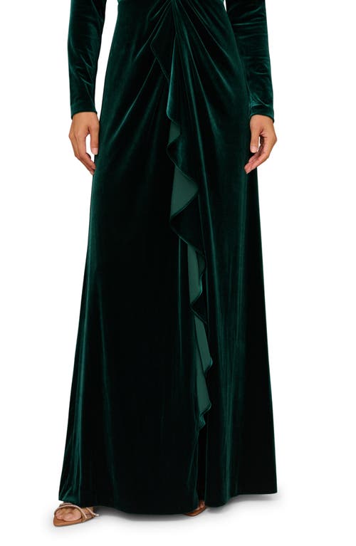Aidan Mattox By Adrianna Papell Twisted Ruffle Long Sleeve Stretch Velvet Gown In Green