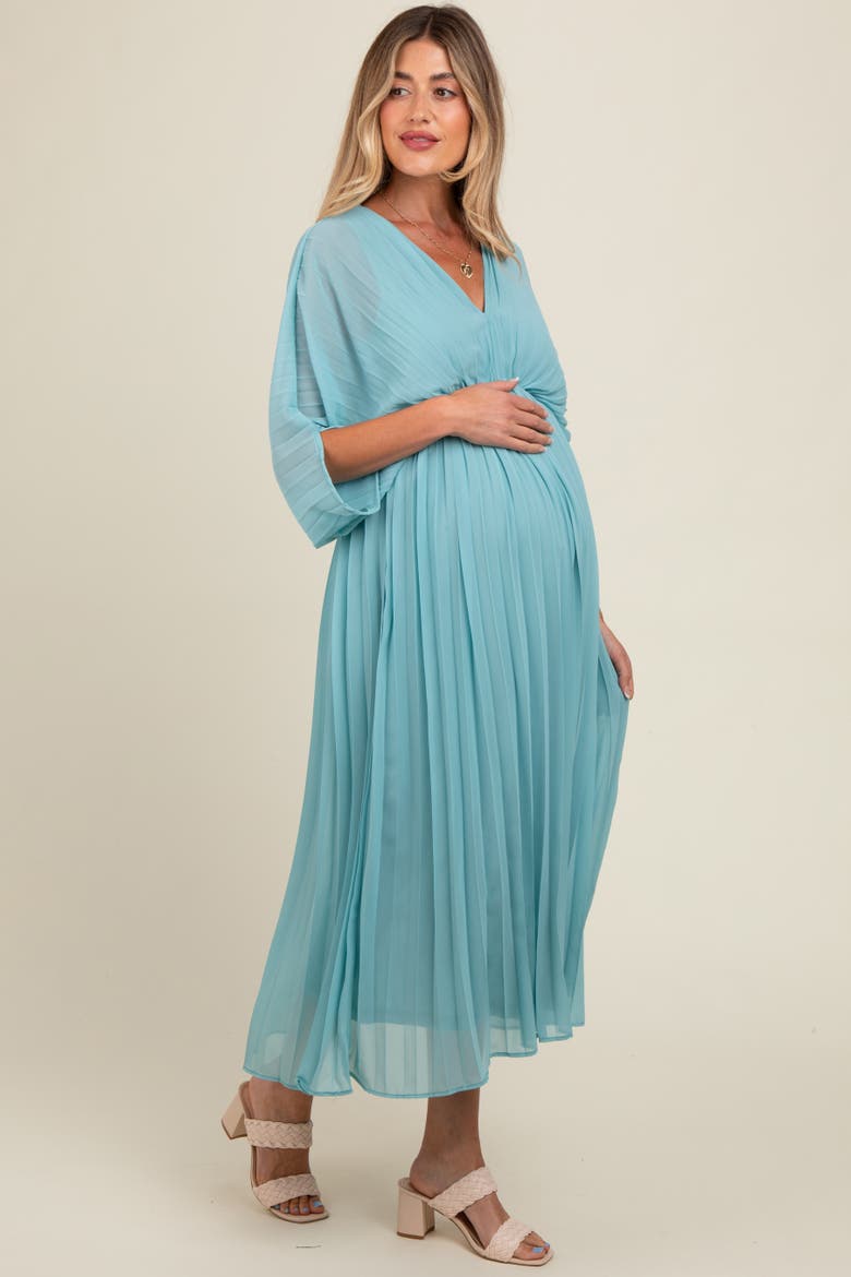 Pleated V Neck Maxi Dress, Alternate, color, Blue