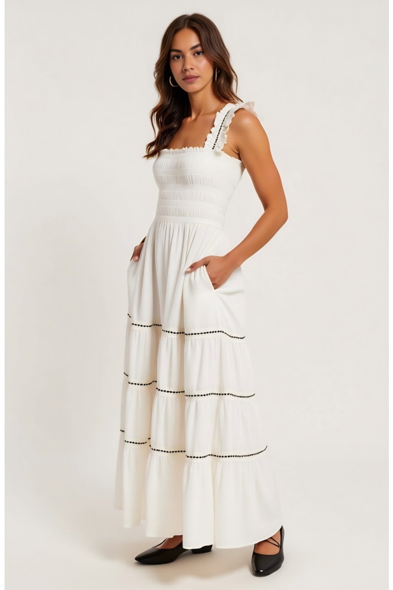 Tiered Maxi Dress with Smocked Bodice, Alternate, color, White