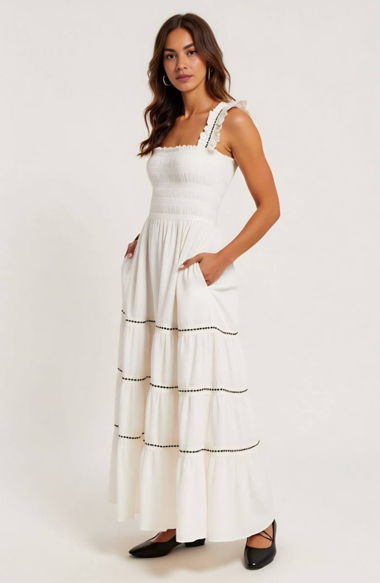 Modenaire Tiered Maxi Dress with Smocked Bodice, Alternate, color, White
