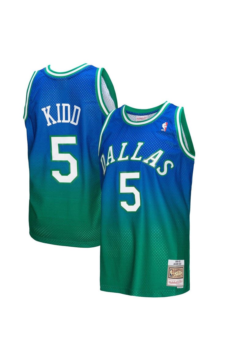 Men's Mitchell & Ness Jason Kidd Green/Navy Dallas Mavericks 1994/95 Hardwood Classics Fadeaway Swingman Player Jersey, Main, color, Green