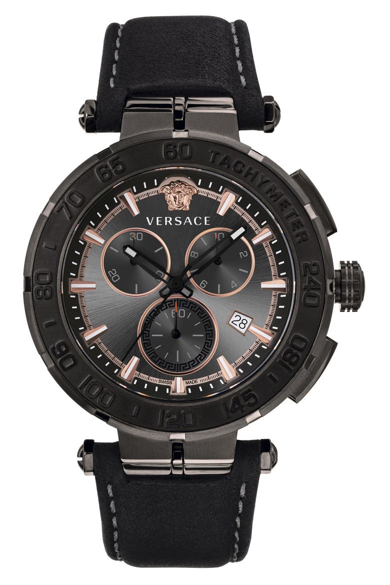 Greca Detailed Leather Strap Watch, 45mm, Main, color, BLACK