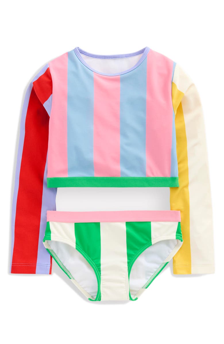 Mini Boden Kids' Stripe Long Sleeve Crop Two-Piece Rashguard Swimsuit, Main, color, Blue Multi Stripe