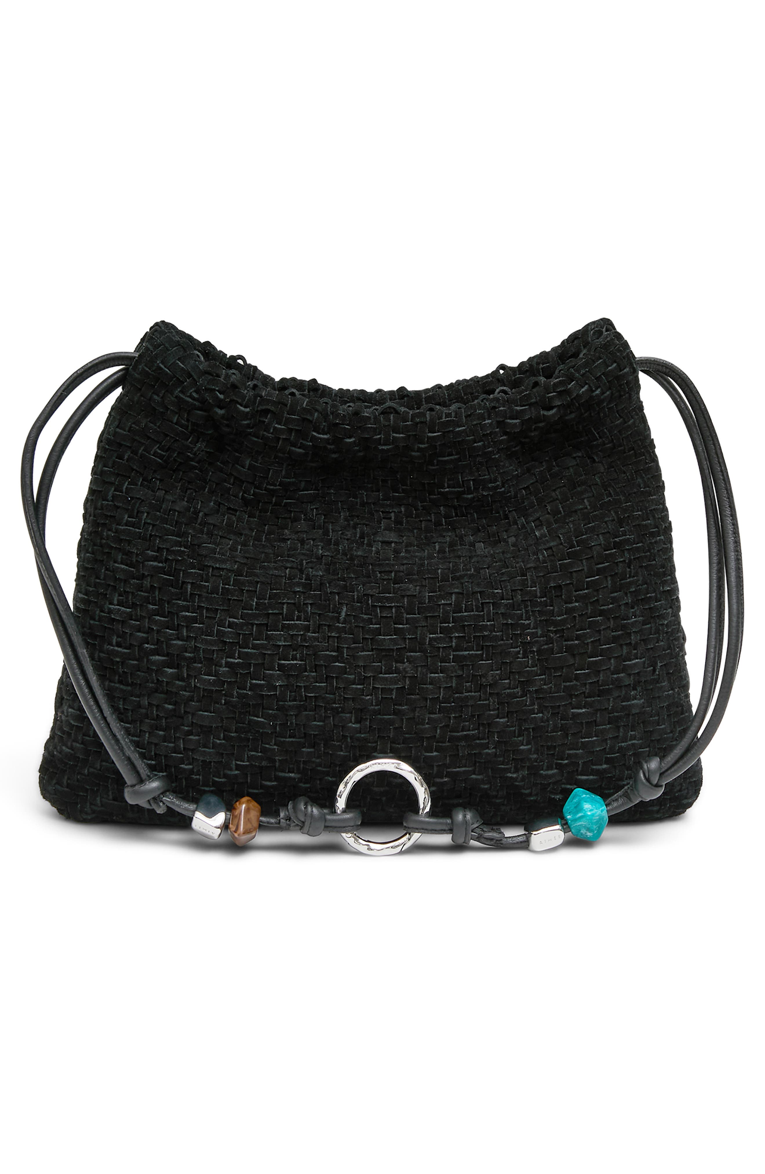 AIMEE Tie Breaker Shoulder Bag, Alternate, color, Black Woven Suede