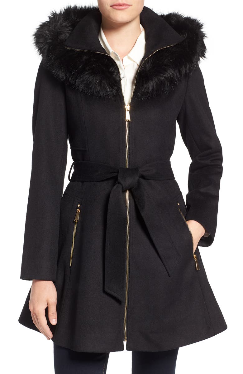 Laundry by Shelli Segal Belted Fit & Flare Coat with Faux Fur Trim, Main, color,