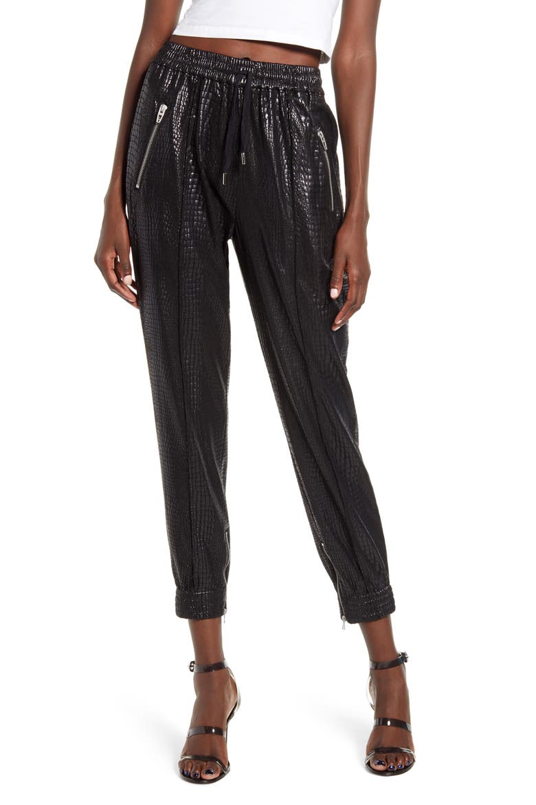 Faux Leather Drape Front Pants, Main, color, IRON GIRL
