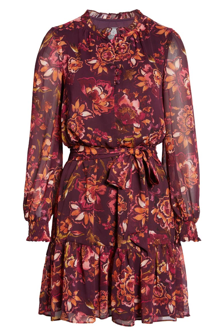 Floral Long Sleeve Chiffon Fit and Flare Dress, Alternate, color, WINE
