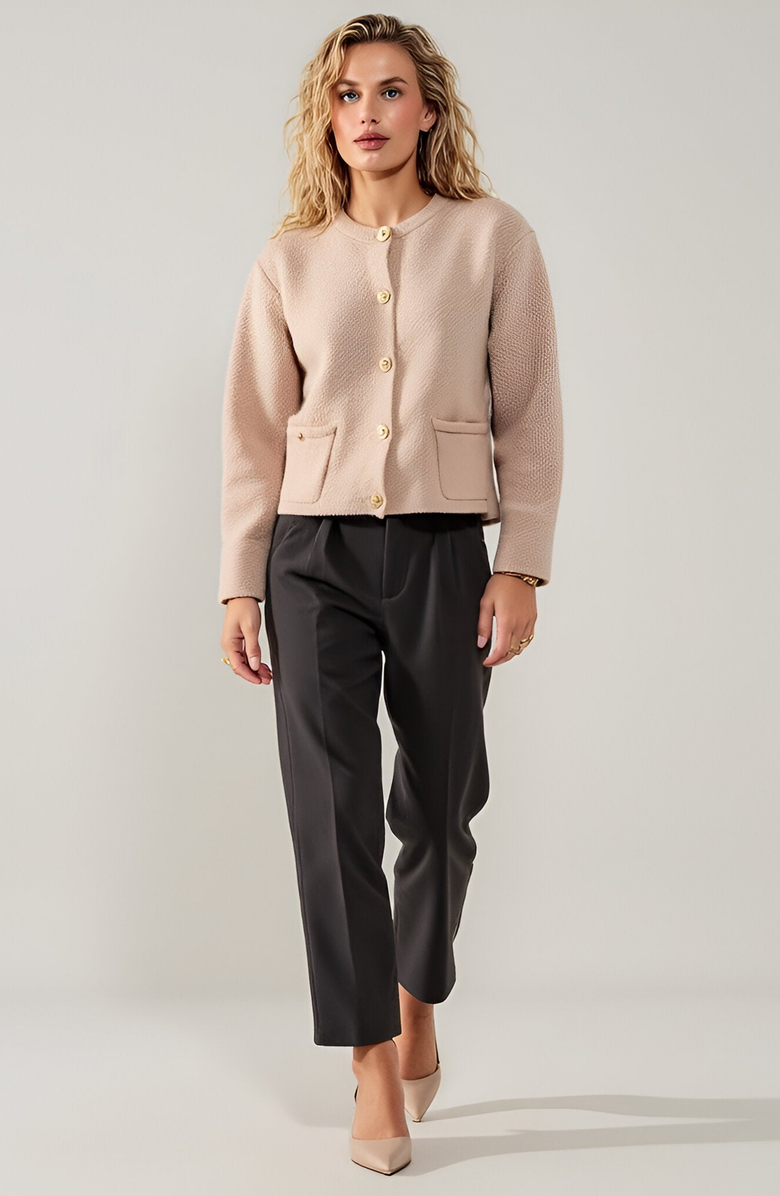 Modenaire Textured Knit Gold Button-Front Patch-Pocket Cardigan, Alternate, color, Beige