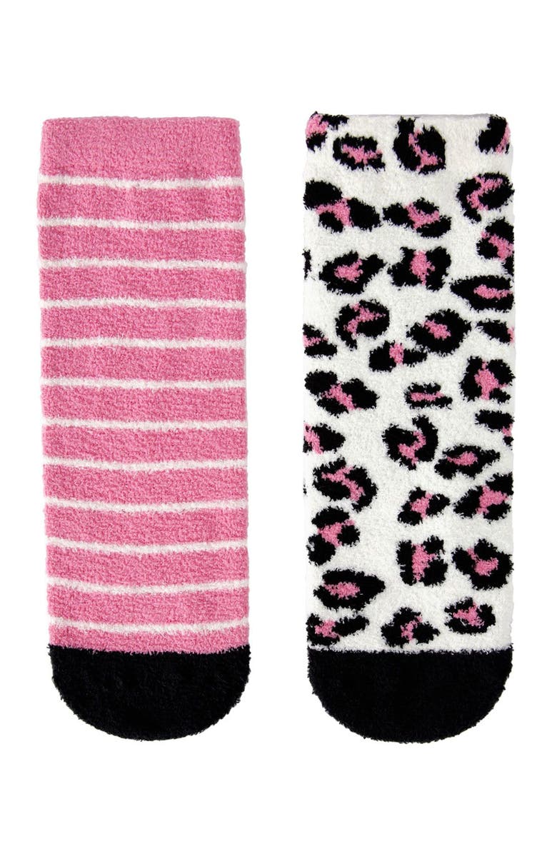MeMoi Leopard Fuzzy Non-Skid Socks 2-Pair, Alternate, color, Black