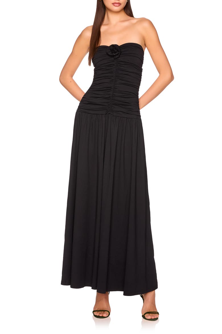 Flower Detail Strapless Maxi Dress, Main, color, BLACK