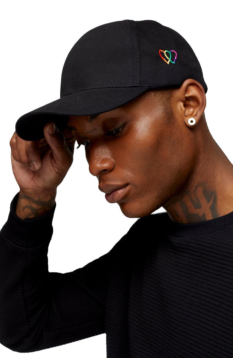 Topman Rainbow Hearts Embroidered Baseball Cap, Alternate, color, 