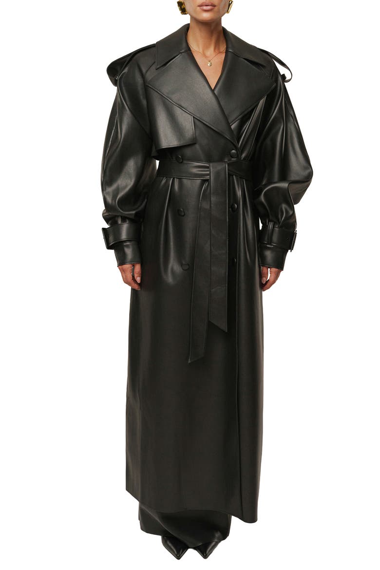 Icon Double Breasted Faux Leather Trench Coat, Main, color, BLACK
