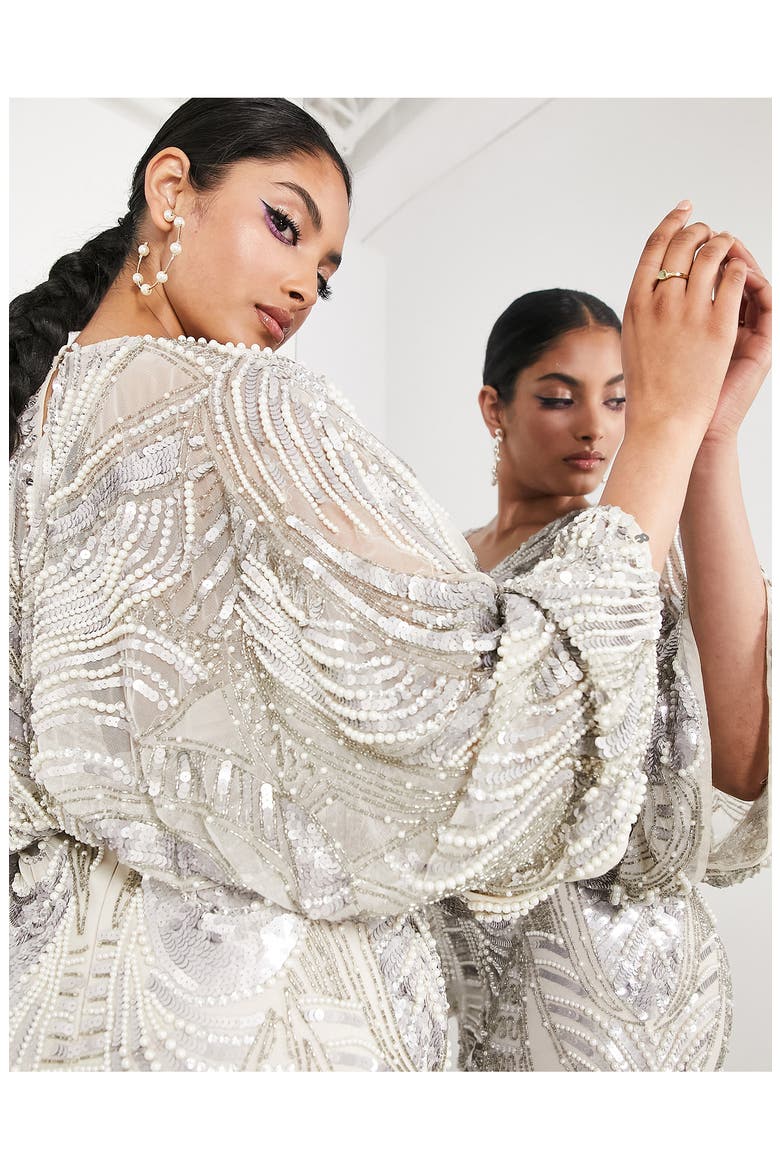 EDITION Sequin Long Sleeve Midi Dress, Alternate, color, WHITE
