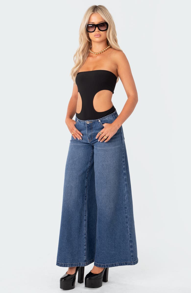 EDIKTED Vivie Cutout Rib Strapless Bodysuit, Alternate, color, Black