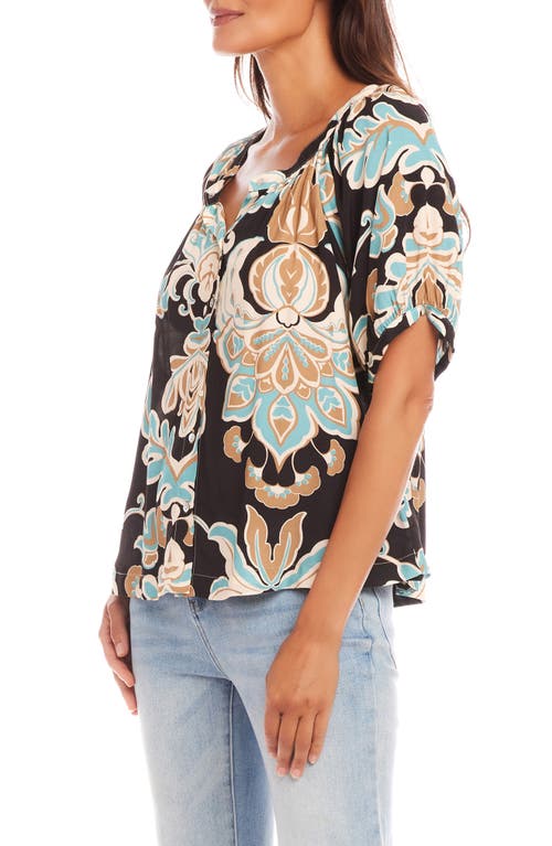 Karen Kane Short Puff Sleeve Button Front Peasant Top In Floral Print In Print