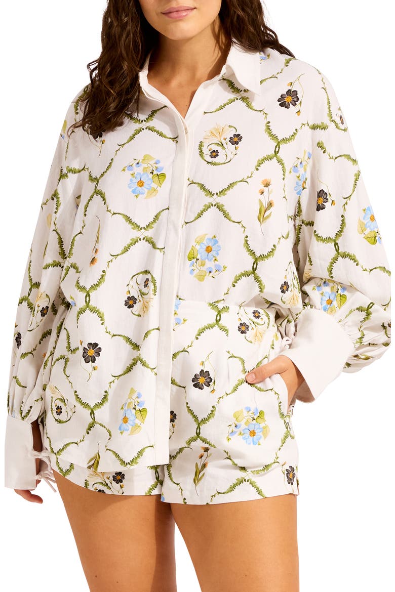 Floral Linen Blend Cover-Up Shirt, Main, color, WHITE