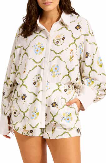 Floral Linen Blend Cover-Up Shirt