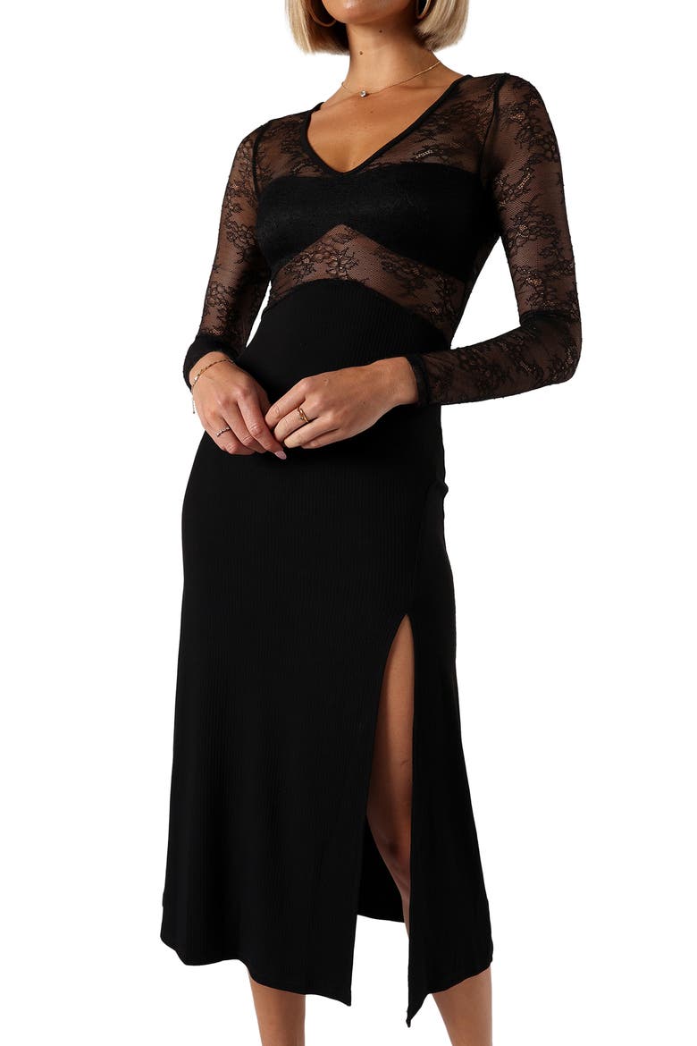 Addams Long Sleeve Lace Inset Midi Dress, Alternate, color, BLACK