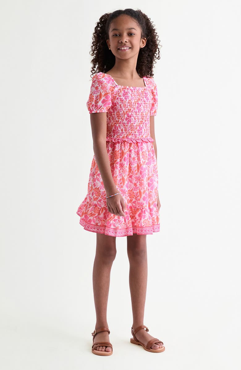 vineyard vines Kids' Smocked Bodice Puff Sleeve Cotton Blend Sundress, Alternate, color, Ashleigh Floral