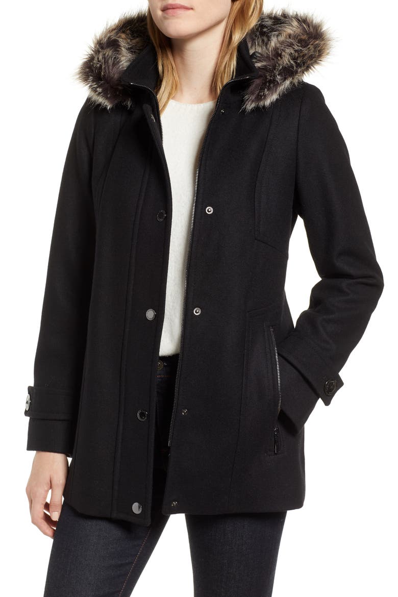 Faux Fur Hooded Wool Car Coat, Main, color, BLACK