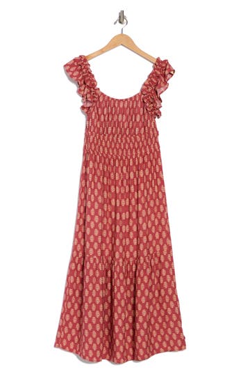 LUCKY BRAND LUCKY BRAND RUFFLE STRAP TIERED MIDI SUNDRESS