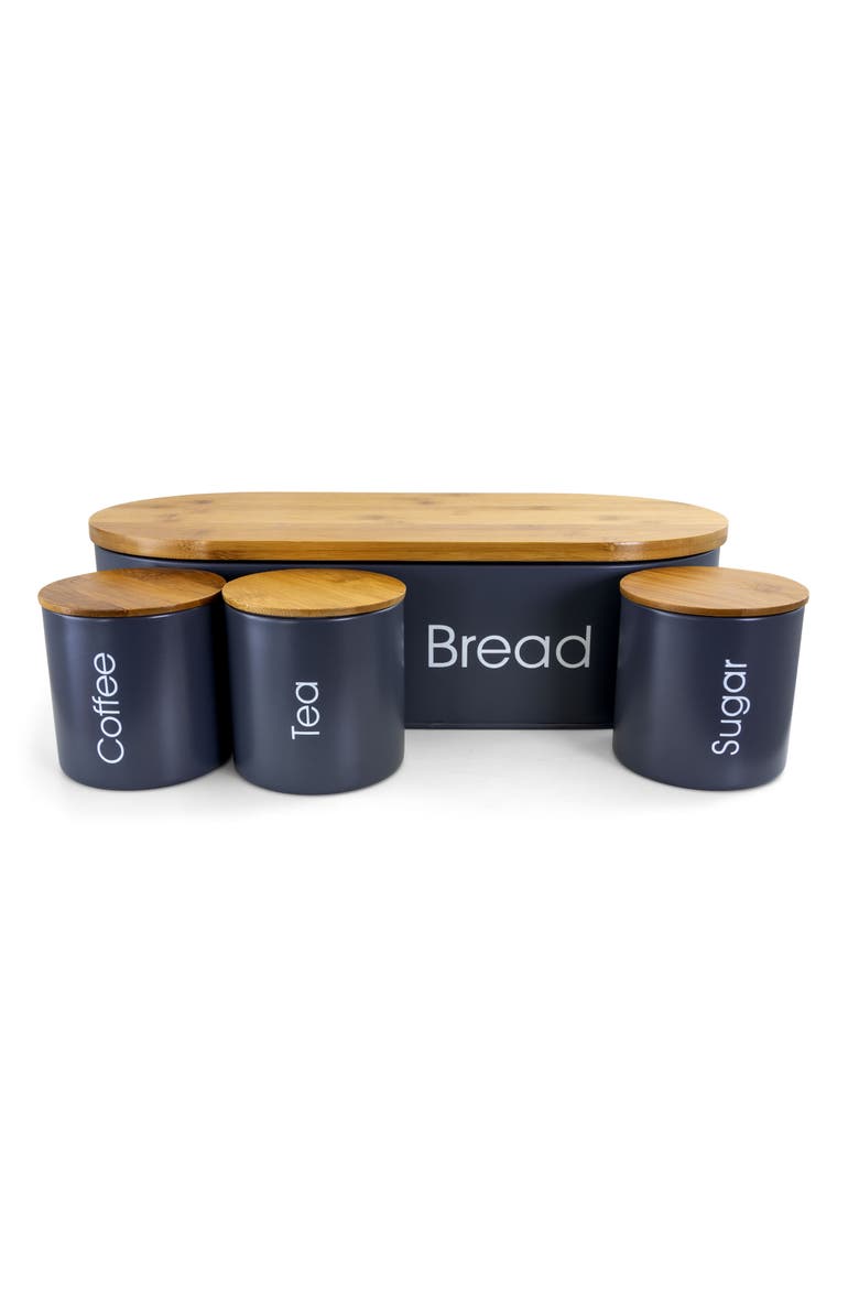 Wood Kitchen Countertop 4 Piece Metal Bread Basket and Canister Set with Lids, Alternate, color, Gray