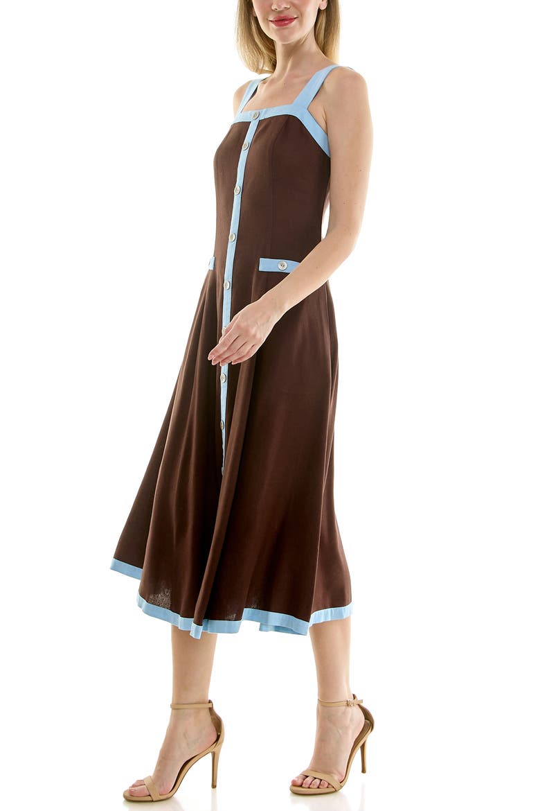 Square Neck Fit & Flare Midi Dress, Alternate, color, CHOCOLATE / CERULEAN