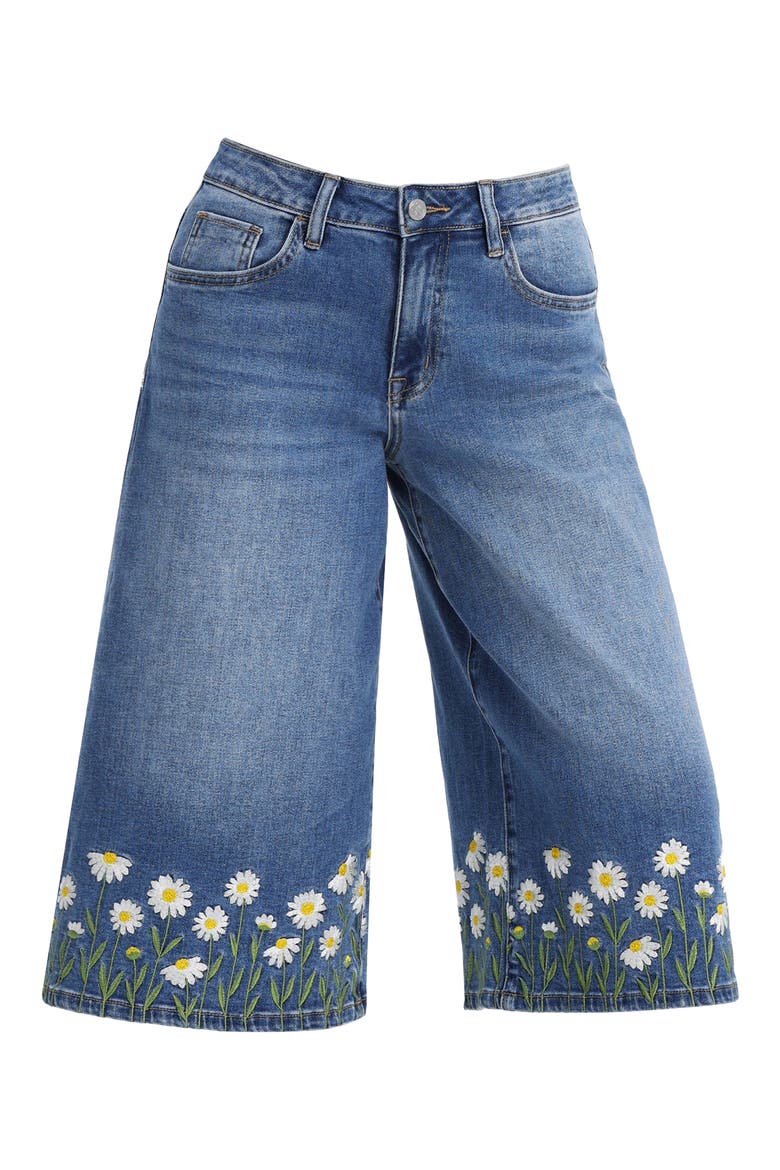 Floral Embroidered High Waist Bermuda Denim Shorts, Alternate, color, PUREMEADOW