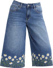 Bayeas Floral Embroidered High Waist Bermuda Denim Shorts