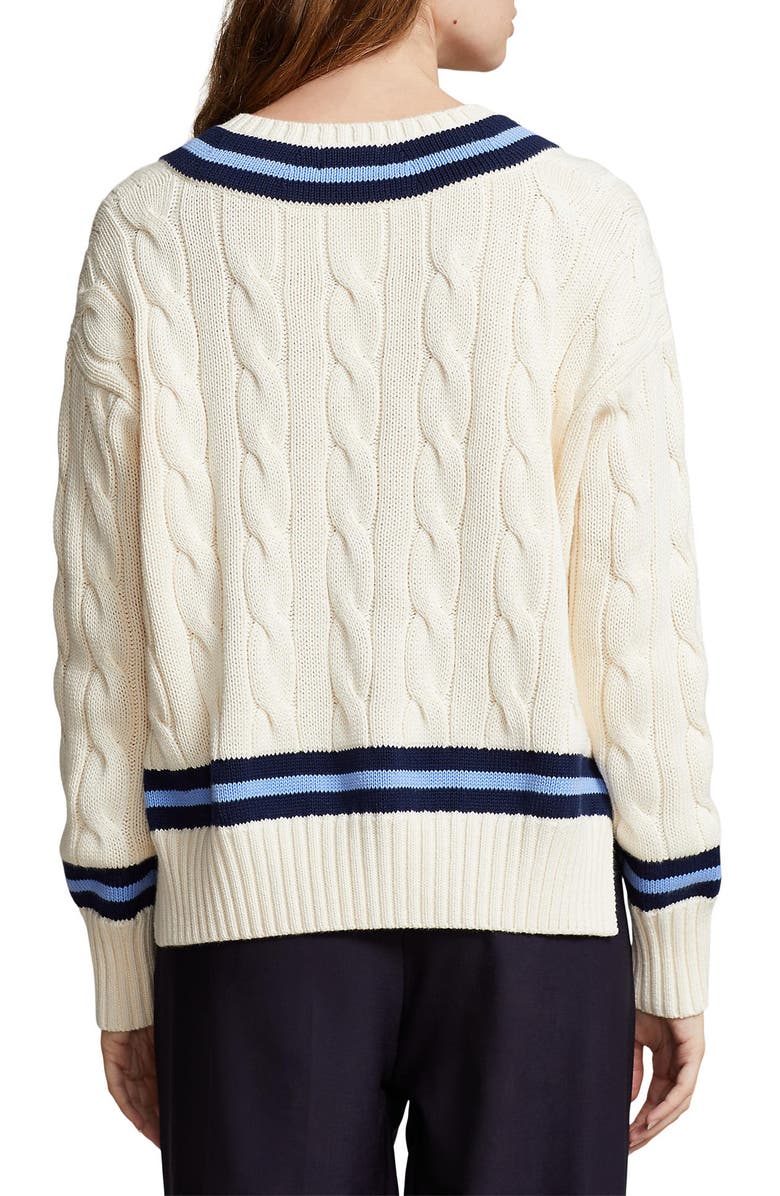 Polo Ralph Lauren Cabled Cotton Cricket Sweater, Alternate, color, Cream W/ Navy Stripe