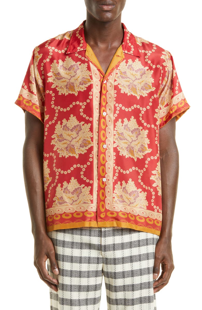 Bode Coral Bells Short Sleeve Silk Button-Up Camp Shirt, Main, color, 