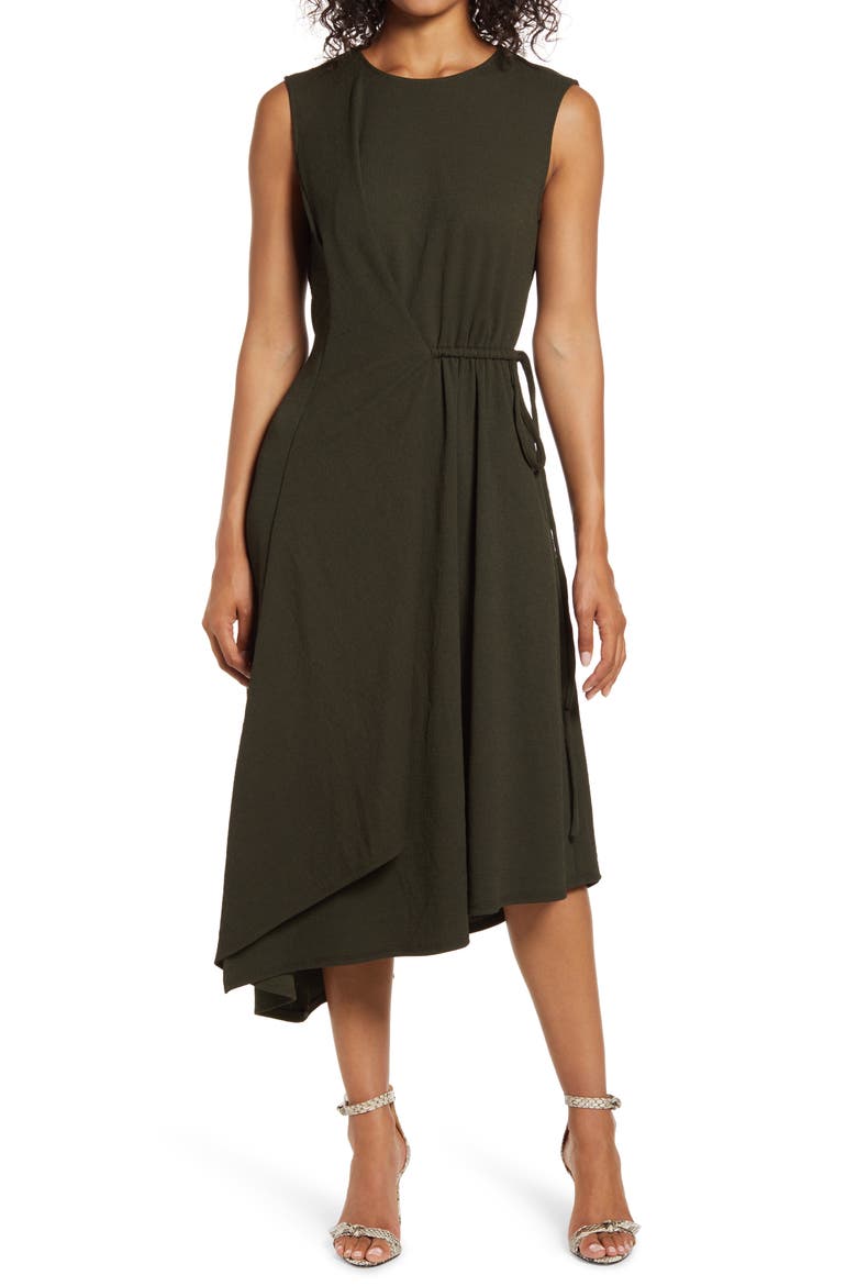 Asymmetrical Drape Midi Dress, Main, color, OLIVE