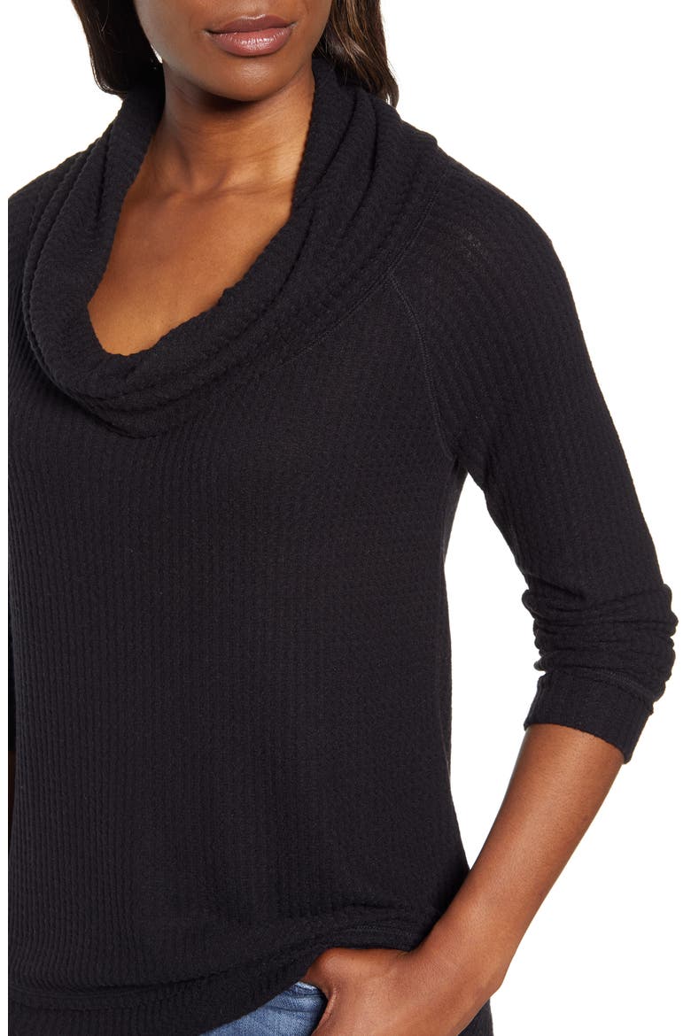 Cowl Neck Waffle Knit Top, Alternate, color, BLACK