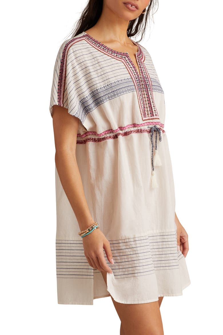 Embroidered Drawstring Waist Cotton Sundress, Alternate, color, CREAM AND NAVY JACQUARD
