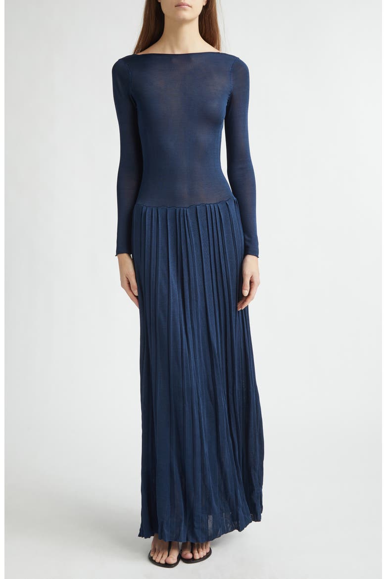 Kingsley Pleated Long Sleeve Drop Waist Column Dress, Main, color, TRUE NAVY