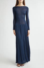 EMILY DAWN LONG Kingsley Pleated Long Sleeve Drop Waist Column Dress