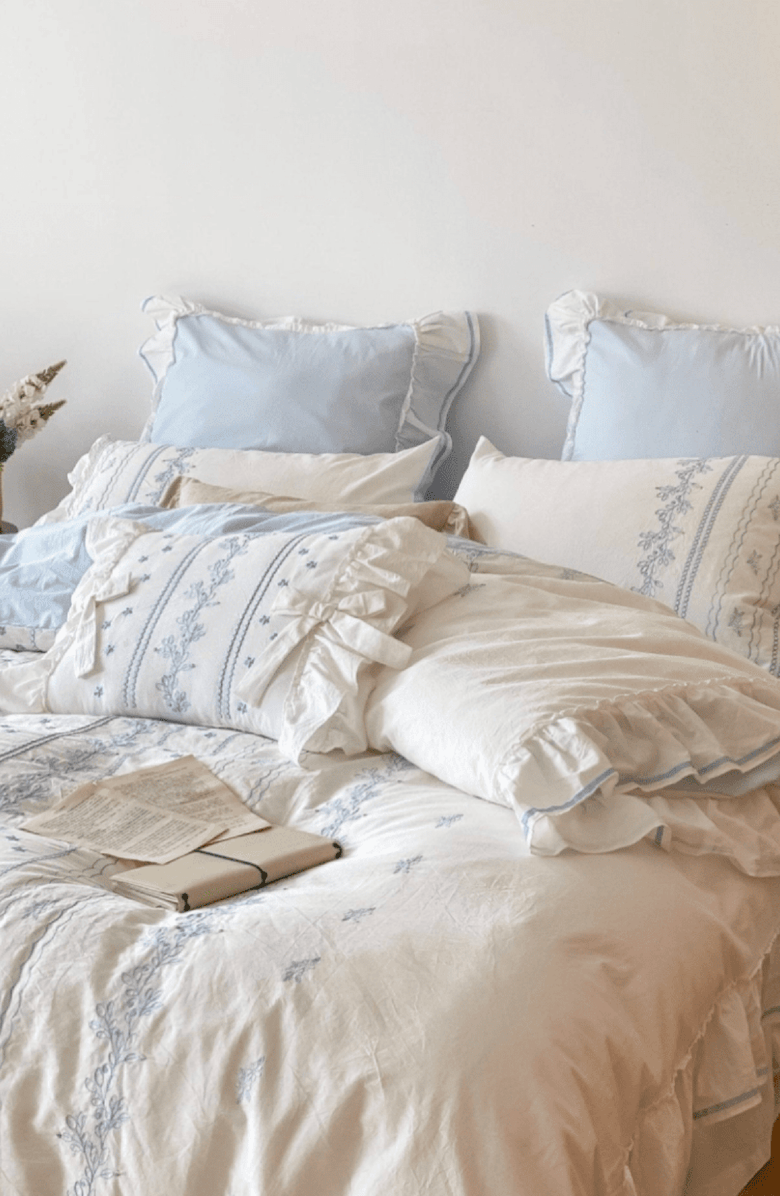 Ever Lasting Embroidered French Lace Ruffle Duvet Cover, Alternate, color, Blue