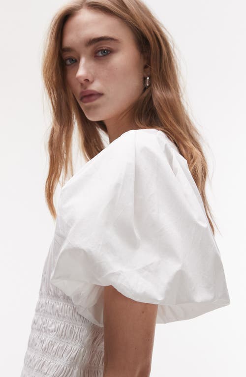Topshop Puff Sleeve Square Neck Shirred Midi Dress In White