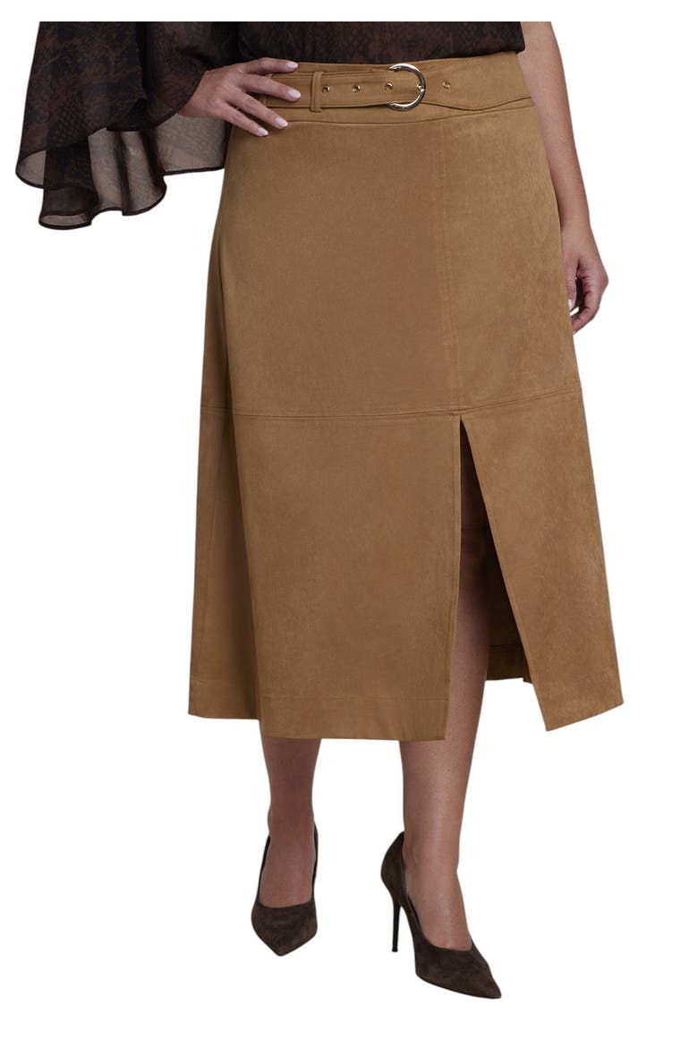 Belted Faux Suede Midi Skirt (plus), Main, color, BROWN