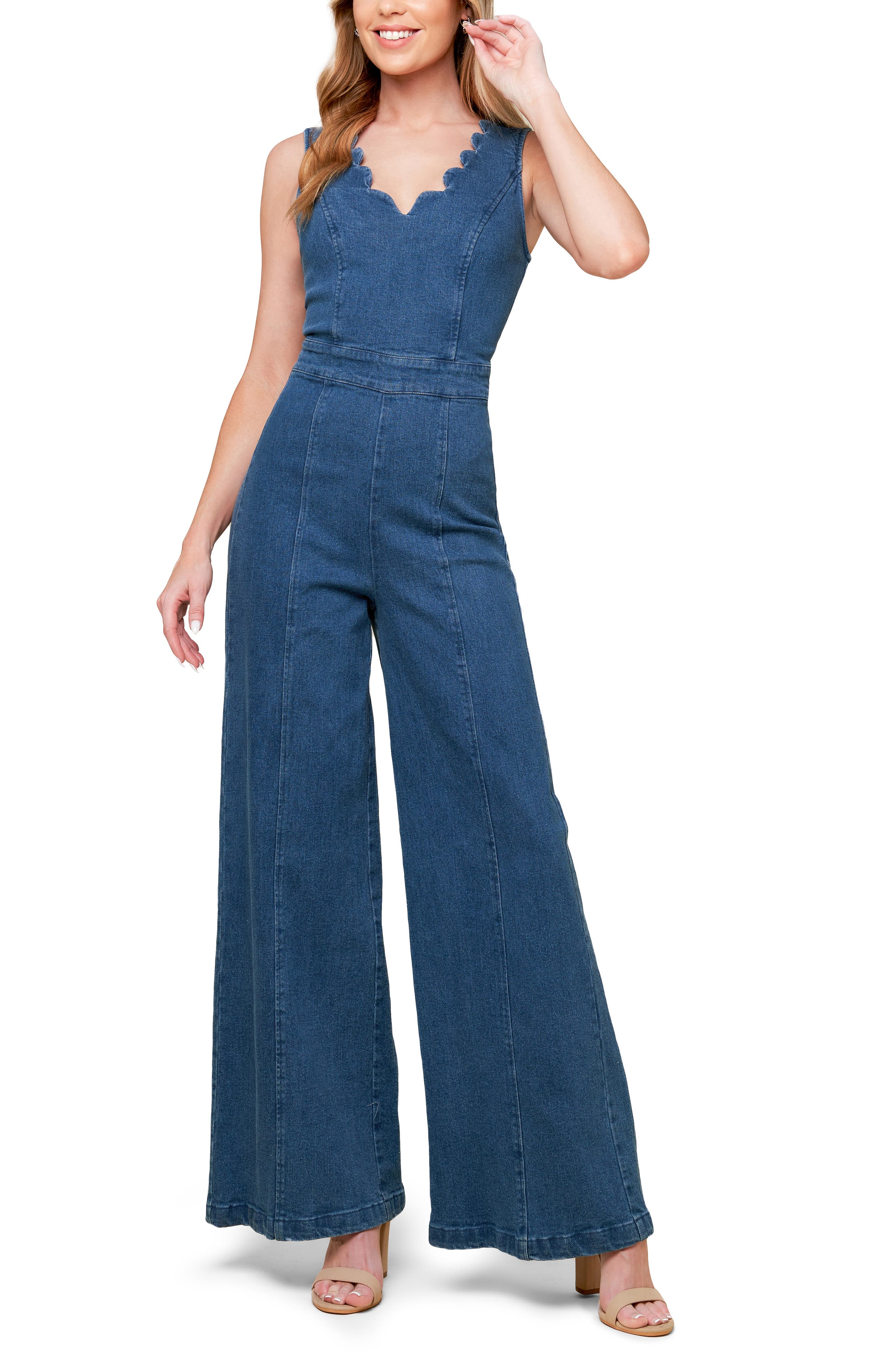 FLYING TOMATO Scallop Wide Leg Denim Jumpsuit