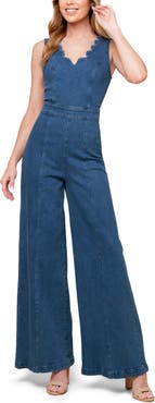 FLYING TOMATO Scallop Wide Leg Denim Jumpsuit